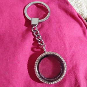 Silver floating locket charm keychain with rhinest